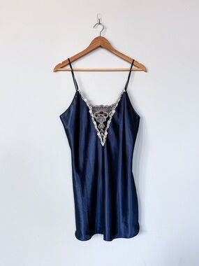 Vintage VTG 90s Y2K California Dynasty Navy Slip Dress Side Slit Lace Detail